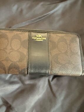 Coach Brown and Black Signature Zip Wallet with Gold Logo